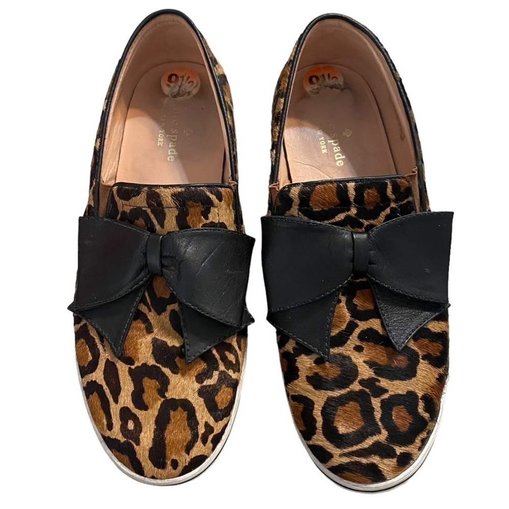Kate Spade Women's 9.5 Delise Leopard Print‎ Calf Hair Black Bow Slip On leather